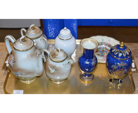 TRAY CONTAINING 3 PIECE TEA SERVICE, DECORATIVE LIDDED JAR, CARLTON WARE VASE, CARLTON WARE LIDDED VASE ETC     