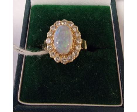 VINTAGE 18CT GOLD DIAMOND &amp; BOULDER OPAL RING - SIZE M 6.5 GRAMS APPROX