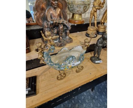 BRONZE &amp; PORCELAIN CHERUB CART / BOWL 39CMS (H)