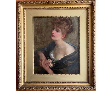 ARTHUR DAMPIER MAY 1857-1916 OIL ON CANVAS - PORTRAIT OF WOMAN HOLDING ROSES - SIGNED &amp; DATED 43CM X 53CM - VERY NICE CON