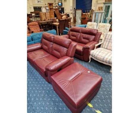 SCS 2 SEATER SOFA &amp; 2 SEATER RECLINER SOFA &amp; FOOTSTOOL IN WINE LEATHER