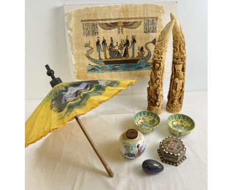 A box of assorted Oriental items to include a pair of resin carved horn ornaments, Egyptian papyrus, ceramic ginger jar and i