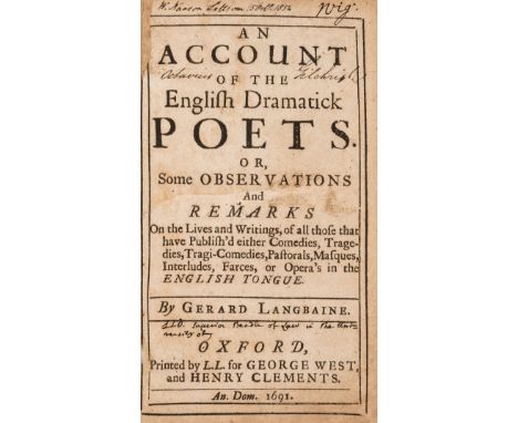 Octavius Gilchrist's &amp; William Nanson Lettsom's copy.- Langbaine (Gerard) An Account of the English dramatick poets. Or, 