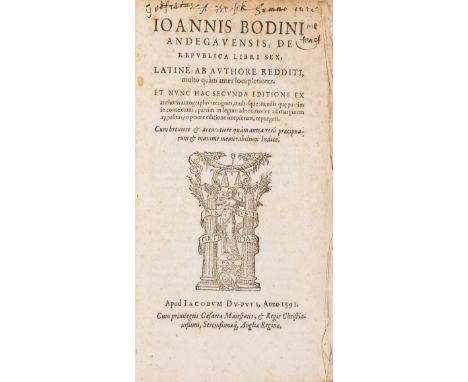 Political science.- Bodin (Jean) De republica libri sex, collation: ¶8 a-z A-Z Aa-Yy8 Zz4, title with woodcut printer's devic