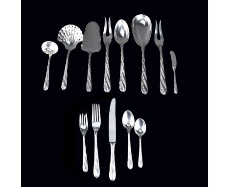 One Hundred Five (105) piece set of Buccellati sterling silver cutlery in the Torchon pattern. The set includes: 18 forks 8-1