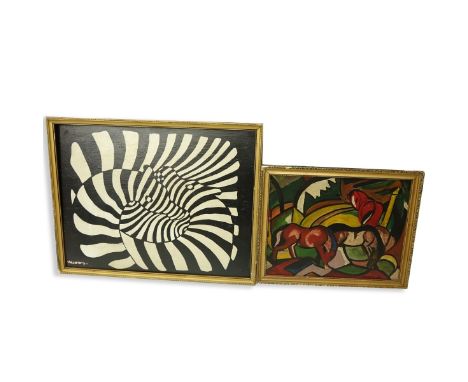 Grouping of Two (2) Vintage Oil Paintings on Board: After Victor Vasarely "Zebra" and After Franz Marc "Red Horses". Each sig