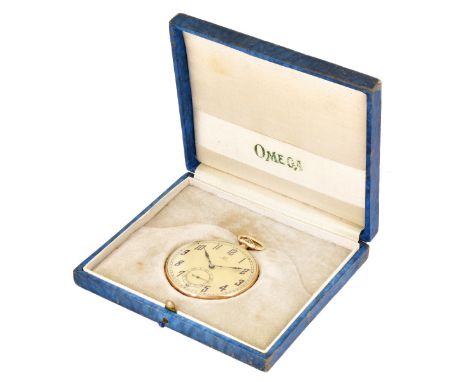 Vintage Omega 14 Karat Yellow Gold Pocket watch with Box. Case measures 44mm. Approx. weight: 50.2 grams. Condition: Running.