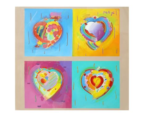 Peter Max, American (b. 1937) Acrylic on paper "Heart Suite #2". Signed Max upper right, inscribed en verso "4 Bernie and Max