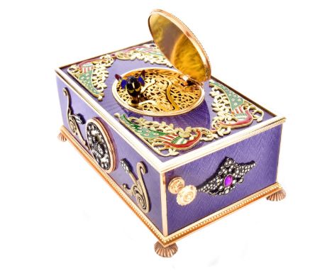 Very Fine Russian Contemporary Faberge style Heavy 14 Karat Yellow Gold, Guilloche Enamel and Multi Gemstone Mechanical Bird 