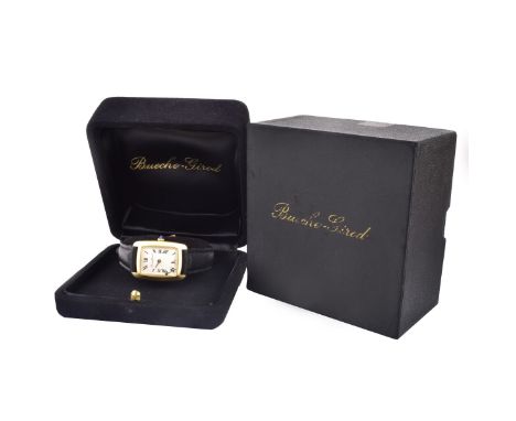 Vintage Bueche Girod 14 Yellow Gold Watch with Manual Movement, Leather Strap and Box. Buckle stamped 18K. Case measures 33mm
