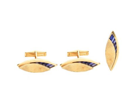 Vintage Sapphire and 14 Karat Yellow Gold Cufflinks and Tie Clip. Stamped 14K. Cufflinks measure 1-1/4"L, 3/8" W. Approx. wei