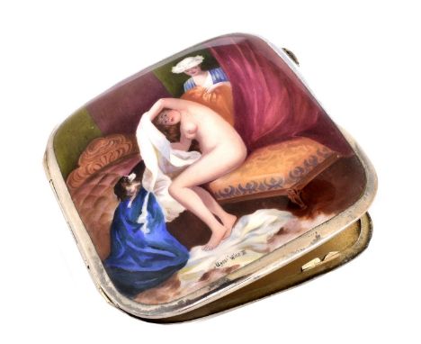 Early 20th Century Austrian Silver Cigarette Case with Enamel Painted Nude Scene to Front. Painting signed "Ugosi" Wien III, 