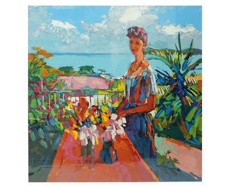 Nicola Simbari, Italian (1927 - 2012) Lithograph "Veranda" Signed and Numbered 241/300 on Lower Margin. Measures 35" H x 34" 