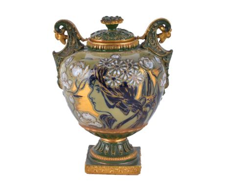 Riessner, Stellmacher and Kessel, Turn Teplitz Glazed and Enamel Porcelain Covered Urn with Maiden. Signed RSTK mark and numb