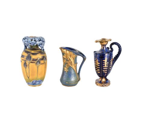 Three (3) Amphora Art Nouveau Pottery Tableware. Includes: Vase, ewer, and pitcher. Impressed Amphora mark and numbered to ba