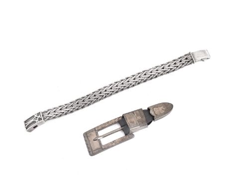 Vintage Heavy Woven Sterling Silver Men's Bracelet and Mexican Sterling Silver Belt Buckle. Bracelet stamped 925, buckle stam