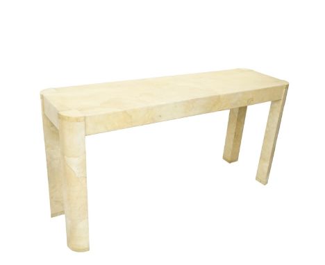Karl Springer "Angular Leg" Goatskin Lacquered Console Table. Unsigned, remnant of an old label. Measures 30-1/8" H x 60" W x