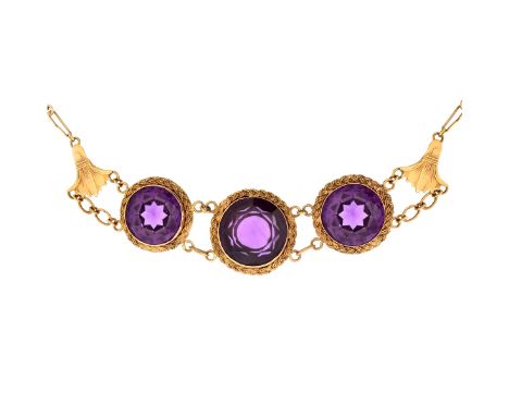 Antique Continental Large Amethyst and 18 Karat Yellow Gold Necklace. Amethyst with vivid color. Largest amethyst measures 19