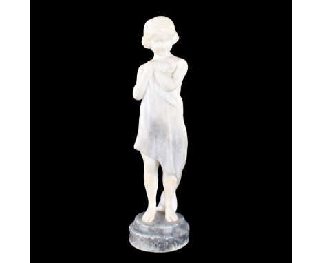 Antique Goldscheider Art Nouveau Alabaster Sculpture of a Young Girl. Tag affixed to base marked Goldscheider, inscribed Petr
