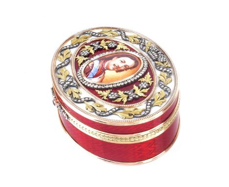 Very Fine Contemporary Russian Faberge Heavy 14 Karat Yellow Gold, Guilloche Enamel and Diamond Box with Painted Portrait Min