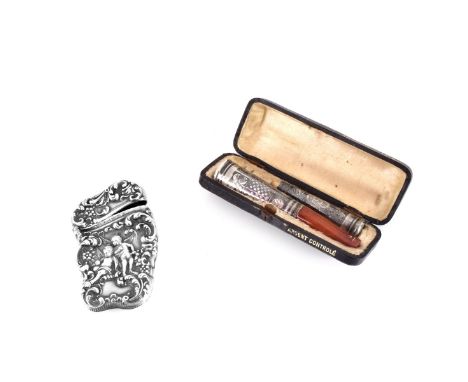 Antique Unger Brothers Match Safe and Two Silver and Amber Pipe Stems, possibly French. Match safe signed and marked sterling