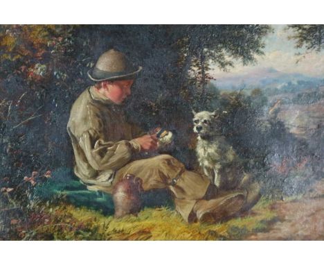 Frank Bramley RA (British 1857-1915), Boy Resting on a Country Track with his Dog, oil on Barnard and Son canvas, signed and 