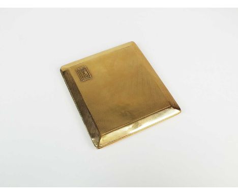 A 9ct gold Asprey & Co cigarette case, of rectangular engine turned form with applied monogram and slide mechanism, the inter