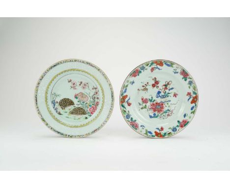 Two Chinese famille rose plates, 18th centuryBoth of plain circular shape, the first painted with quail amid flowering peonie