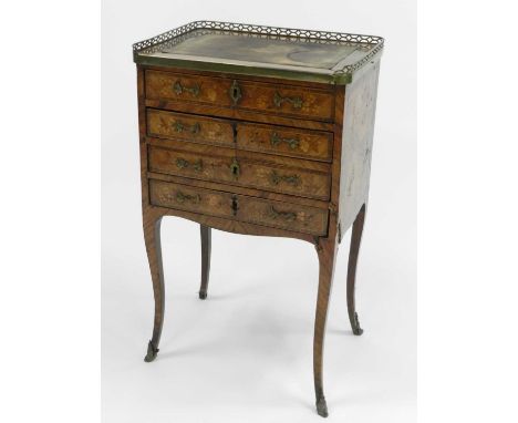 A 19th century, Louis XV style, walnut marquetry and brass mounted petite commode, the rectangular top with an inset skiver a