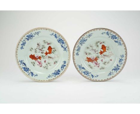 A pair of Chinese famille rose plates, 18th centuryOf plain circular form and each painted with five fish swimming amid marin