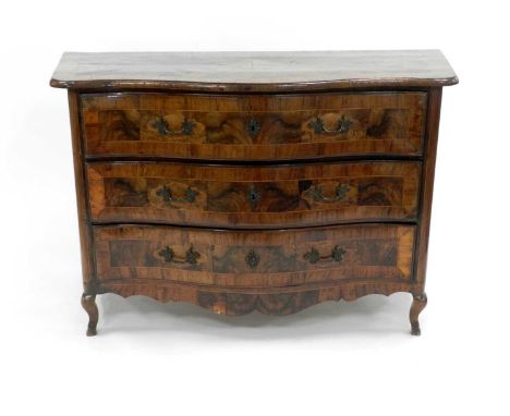 An 18th century, Italian, figured walnut veneered, serpentine three drawer commode, inlaid with shaped panels, boxwood string