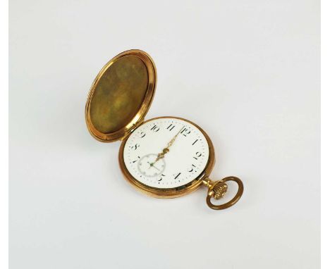 A yellow metal full hunter pocket watch, the white enamel dial with Arabic numerals and subsidiary seconds dial, the engine t