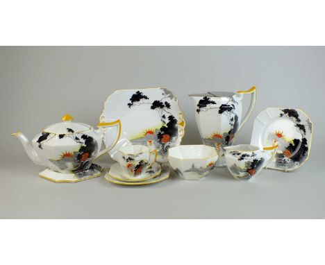 A Shelley Art Deco tea service in the 'Sunset and Flowers' patternof Queen Anne shape, the service comprising teapot and cove