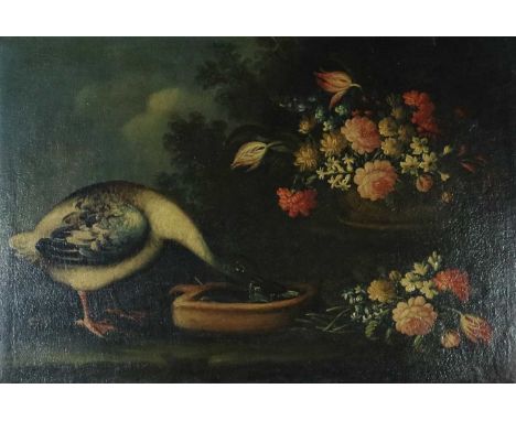British School (Late 18th-early 19th Century) Still Life with a Drinking Goose, oil on canvas, framed. Measurements 64 x 95 c