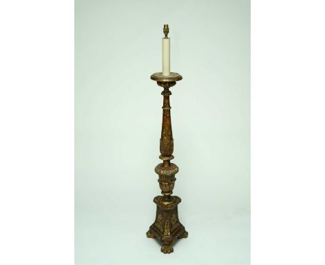 A Continental painted wood torchere converted to lamp standardWith circular top above a moulded baluster stem, set on a trifo