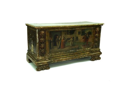 A 17th century, Italian, Baroque style cassoneThe lid painted with a central cartouche enclosing a tree, flanked on each side