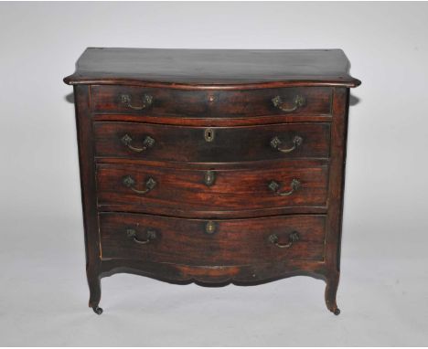 A George III, French Hepplewhite style mahogany veneered, serpentine 4-drawer commode, the moulded top above cockbeaded drawe