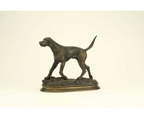 After Piere-Jules Mene, a bronze figure of a hunting dog, late 19th centuryModelled in mid stride on an ovoid grassy base, si