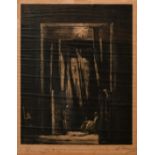 L. Davies after James Pryde, a heavily draped interior with an artist and two models, wood