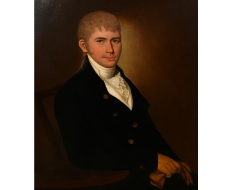 19th Century English School, a portrait of a seated gentleman with gloves, oil on canvas, 30" x 25" (76 x 63.5cm).