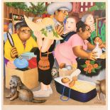Beryl Cook, figures at a jumble sale, colour print, signed in pencil, with Fine Art Trade Guild