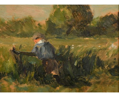 Attributed to Henry George Moon (1857-1905), figure leaning on a gate, oil on board, 6" x 7.5" (15 x 19cm).