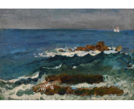 20th Century Continental School, seascape study with waves crashing over rocks, oil on canvas, 10.5" x 14" (27 x 36cm).