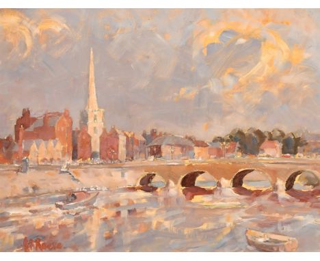 J. R. Reeve, River Bridge by a town with church spire, oil on board, signed, 16" x 20" (40 x 50cm).