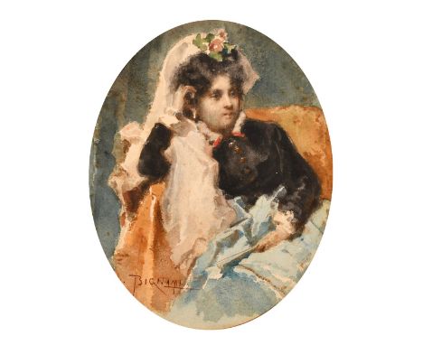 D. Bignami, Late 19th Century Italian School, a portrait of a seated female figure  holding a fan, watercolour, signed, 10.5"