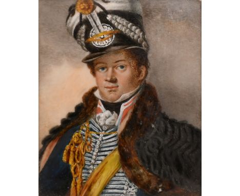 19th Century Continental School, a miniature portrait of a gentleman in a yellow sash, watercolour and bodycolour on ivory, 3
