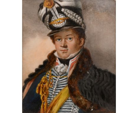 19th Century Continental School, a miniature portrait of a gentleman in a yellow sash, watercolour and bodycolour on ivory, 3