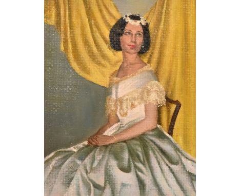 Douglas Swainson (20th Century), 'The Period Dress' a portrait of a seated female, oil on board, label verso, 18" x 14" (46 x