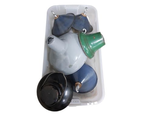 BOX OF OLD ENAMEL LIGHT SHADES WITH FITTINGS 