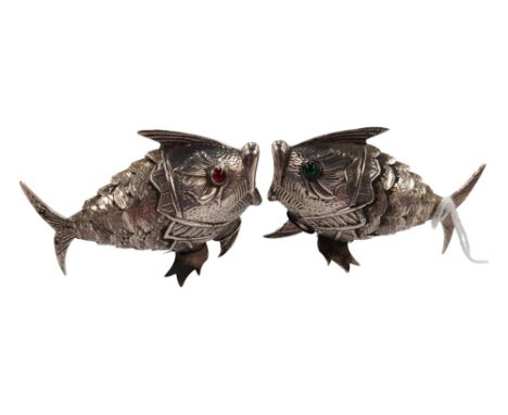 PAIR OF SILVER ARTICULATED FISH CONDIMENTS WITH RUBY &amp; JADE EYES
